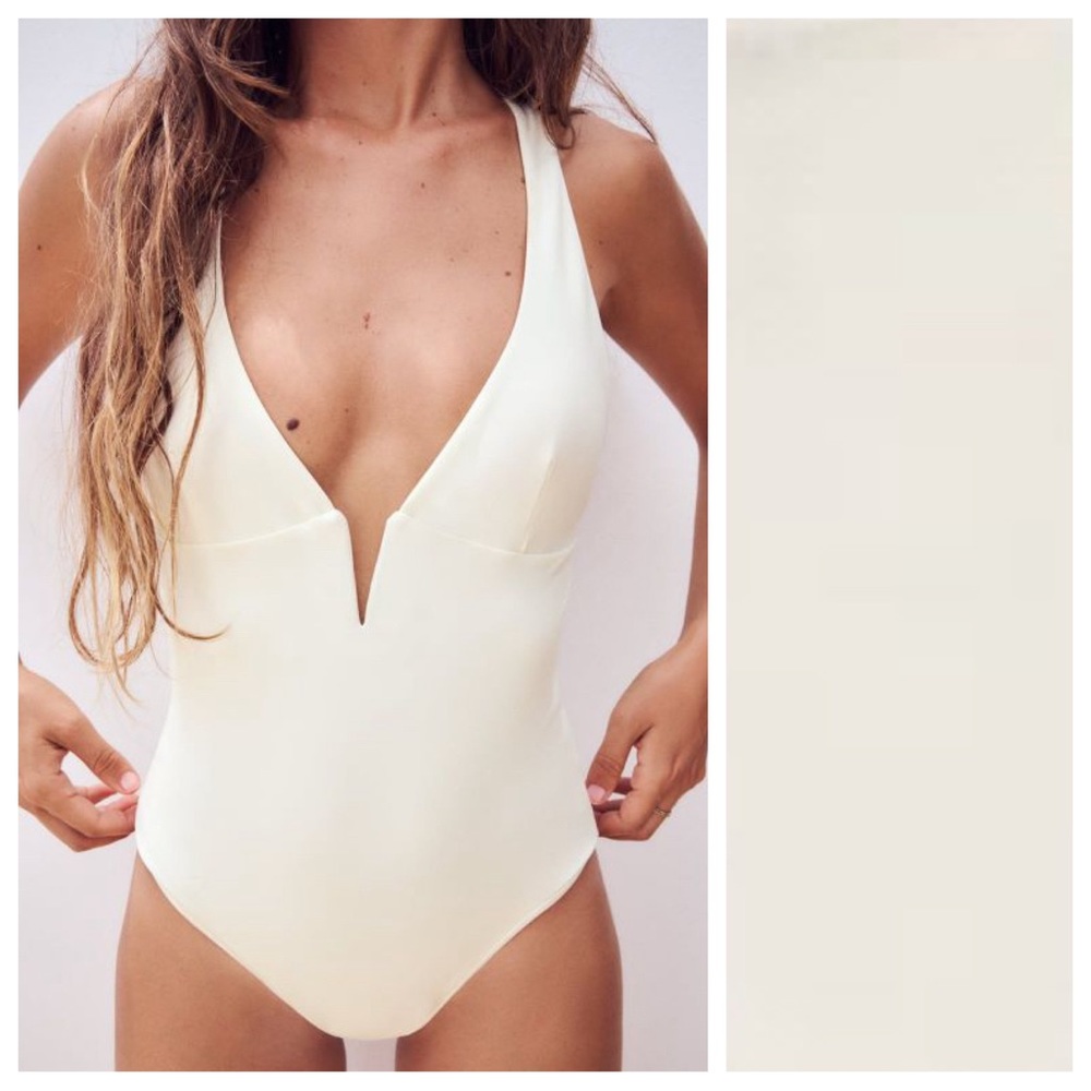 NWT. Zara White Cross Strap Pronounced V-neck Swimsuit. Size M.  XS